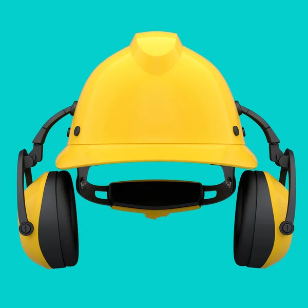 Yellow safety helmet or hard cap and earphones muffs isolated on green background. 3d render and illustration of headgear and handyman tools