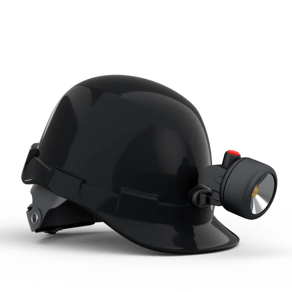 黑色安全帽或带手电筒的硬帽子 白色背景隔离 头盔和手工工具的3D渲染和说明 — 图库照片