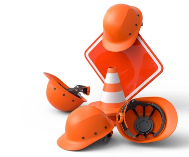 Güvenlik miğferleri, başlıklar ve trafik konileri beyaz arka planda yol çalışması için yol tabelası. Endüstriyel işçiler ve tamirciler için marangozluk araçları
