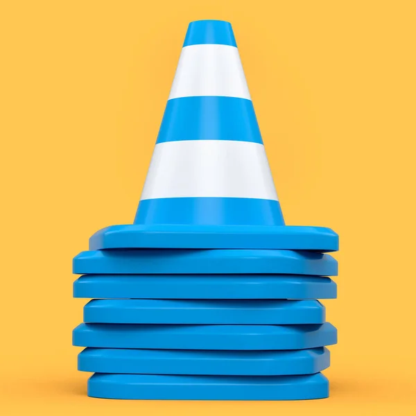 黄色の背景に建設道路工事中の交通コーンのセット 三整備又は注意警報コーンの三次元表示の概念 — ストック写真