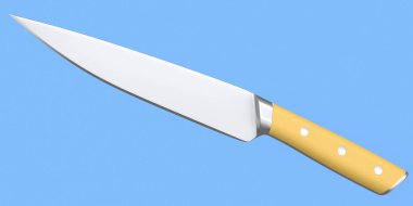 Aşçının mutfak bıçağı mavi arka planda izole edilmiş ahşap saplı. 3 boyutlu kasap bıçağı ya da profesyonel mutfak aletleri.