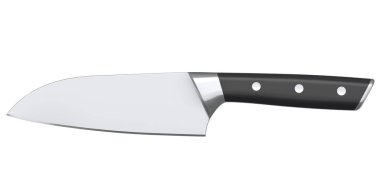 Şefin mutfak bıçağı beyaz arka planda izole edilmiş ahşap saplı. 3 boyutlu Santoku bıçağı ya da profesyonel mutfak gereçleri.