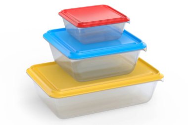 Tabakları saklamak için yiyecek konteynırları beyaz arka planda izole edilmiş ürün tepsisi kutuları. 3D market, dükkan ve fast food paketi kavramı