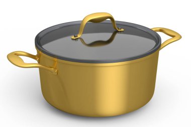 Paslanmaz çelik güveç ve beyaz arka planda krom kaplama alüminyum tencere. Yapışmayan mutfak gereçlerinin 3D görüntüsü