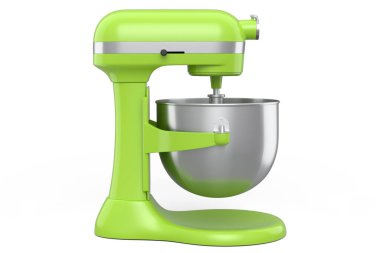Beyaz arka planda pişirmek için modern mutfak mikseri. Yemek pişirme, karıştırma ve karıştırma için ev mutfak aletleri ve aksesuarları 3D hazırlama