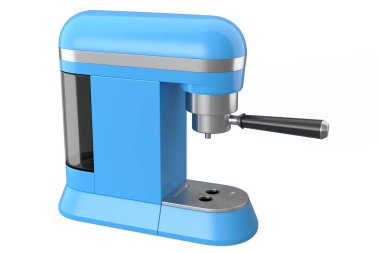 Beyaz arka planda kornası olan Espresso kahve makinesi. Kahve yapmak için 3D kahve demliği.