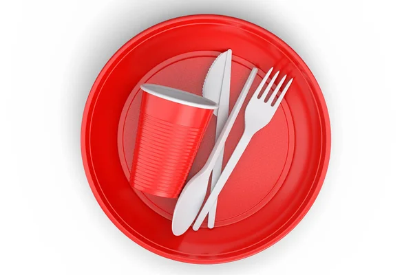 Set Disposable Utensils Plate Folk Spoon Knife Cup White Background — Stock fotografie