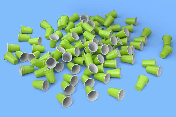 stock image Heap of disposable utensils like plate, folk, spoon,knife and cup on blue background. 3d render concept of save the earth and zero waste