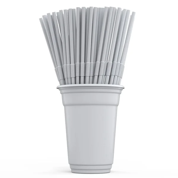 Plastic Disposable Party Cup Coffee Fresh Heap Straw White Background — Fotografia de Stock