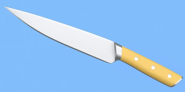 Chef\'s kitchen knife with a wooden handle isolated on blue background. 3d render of butcher knife or professional kitchen utensils
