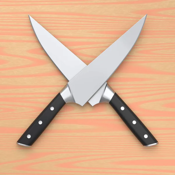 板や背景にシェフのキッチンナイフのセット 肉屋のナイフやプロの台所用品の3Dレンダリング — ストック写真