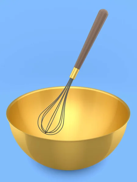 Metal Bowl Whisk Preparation Dough Isolated Blue Background Render Cooking — Stock Photo, Image