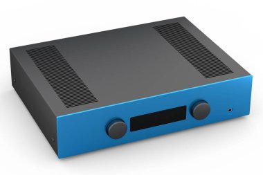 Pikablı HiFi sistemi ve beyaz arka planda ev sineması için yükseltici. Dinleme müziği için 3d yorumlama konsepti