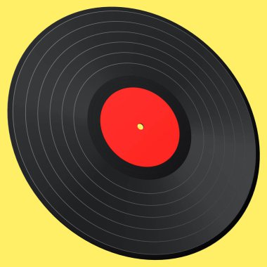 Black vinyl LP record with label isolated on yellow background. 3d render of musical long play album disc 33 rpm
