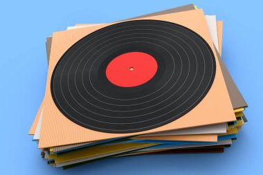 Mavi arka planda izole edilmiş bir yığın kapağı olan siyah plak plağı. Müzikal uzun çalma CD 'si 3D yorumlayıcı 33 rpm