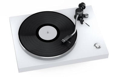 Vinyl record player or DJ turntable with retro vinyl disk on white background. 3d render of sound equipment and concept for sound entertainment.