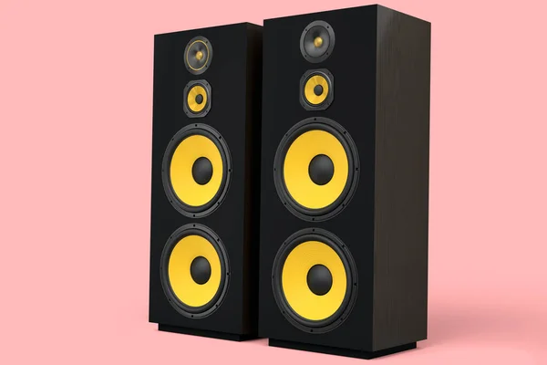 ピンクの背景に独立したスピーカーとハイファイスピーカー 録音スタジオ用のBoomboxのような3Dレンダリングオーディオ機器 — ストック写真