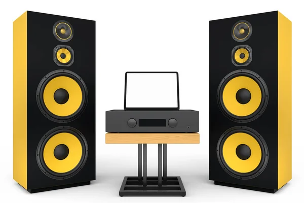 Állítsa Hangszórók Hangszórók Lemezjátszó Fehér Háttérrel Render Audio Berendezések Mint — Stock Fotó