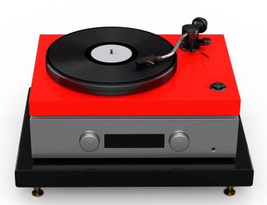 Vinyl record player or DJ turntable with retro vinyl disk on white background. 3d render of sound equipment and concept for sound entertainment.