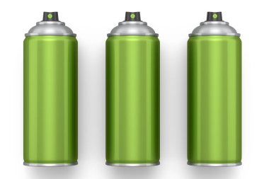 Beyaz arka planda izole edilmiş sprey boya kutuları. 3 boyutlu sprey boya şişesi ve beyaz arka planda izole edilmiş sprey boya kutusu. 3D render sprey boya şişesi ve şeker kutusu.