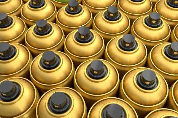 stock image Set of gold spray paint cans in row on white background. 3d render spray paint bottle and dispenserCan of spray paint isolated on white background. 3d render spray paint bottle and dispenser