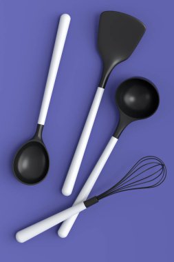 Ahşap mutfak aletleri, mor arka planda aletler ve ekipmanlar. Ev yapımı mutfak aletleri ve yemek pişirmek için aksesuarlar