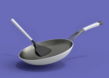 Cam kapaklı kızartma tavası ve mor arka planda silikon katı çevirici. Yapışmayan mutfak gereçlerinin 3D görüntüsü