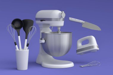 Menekşe arka planda hamur hazırlamak için mutfak gereçleriyle karıştırıcı ve el mikseri. Aşçılık, harmanlama ve karıştırma için 3D pişirme süreci adım adım ve aksesuarları