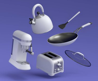 Espresso kahve makinesi, el mikseri, çaydanlık ve tost makinesi mor arka planda kahvaltı hazırlamak için. Kahve yapmak için 3D kahve demliği.