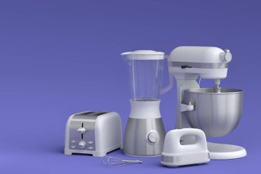 Sağlıklı meyve püresi, el çırpıcı ve menekşe arkaplanda tost makinesi yapmak için elektrikli blender. Yemek pişirmek için 3D mutfak aleti
