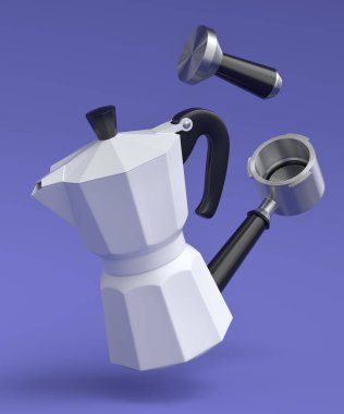 Espresso coffee machine with horn and geyser coffee maker for preparing breakfast on violet background. 3d render of coffee pot for making latte coffee