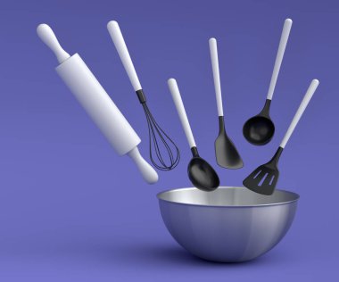 Metal bowl with kitchen utensil for preparation of dough on violet background. 3d render cooking process step by step and accessories for cooking, blending and mixing