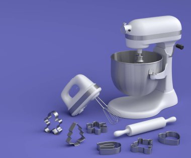 Menekşe arka planda hamur hazırlamak için mutfak aletleri ve metal kurabiye kesicilerle karıştırıcı. Yemek pişirme, karıştırma ve karıştırma için 3D hazırlama işlemi ve aksesuarları