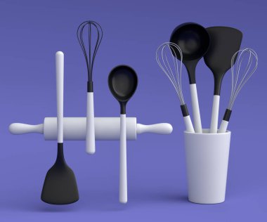 Wooden kitchen utensils, tools and equipment on violet background. 3d render of home kitchen tools and accessories for cooking