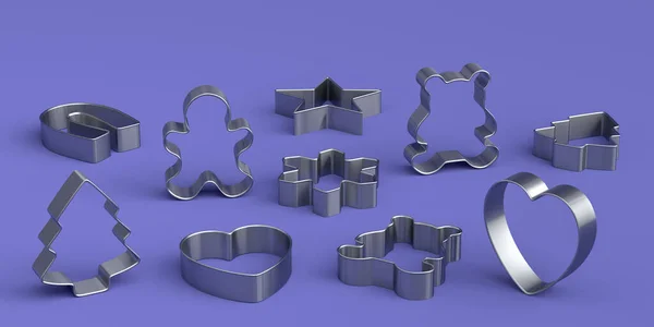 Set Metal Cookie Cutters Homemade Christmas Biscuit Violet Background Render — Foto Stock