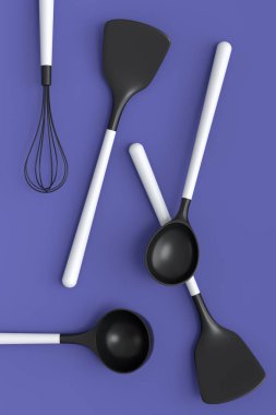 Ahşap mutfak aletleri, mor arka planda aletler ve ekipmanlar. Ev yapımı mutfak aletleri ve yemek pişirmek için aksesuarlar