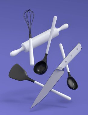 Wooden kitchen utensils, tools and equipment on violet background. 3d render of home kitchen tools and accessories for cooking