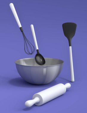 Metal bowl with kitchen utensil for preparation of dough on violet background. 3d render cooking process step by step and accessories for cooking, blending and mixing