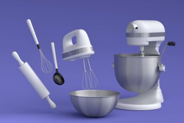 Mixer and metal bowl with kitchen utensil for preparation of dough on violet background. 3d render cooking process step by step and accessories for cooking, blending and mixing