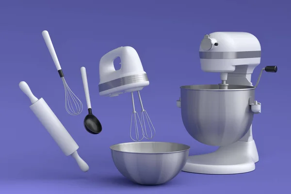 Mixer Metal Bowl Kitchen Utensil Preparation Dough Violet Background Render — Foto Stock