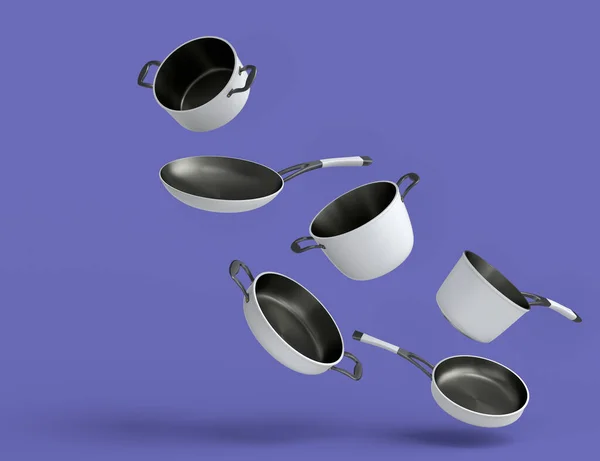 集不锈钢蒸锅 镀铬铝炊具为一体 背景为紫罗兰色 不粘贴厨房用具3D渲染 — 图库照片