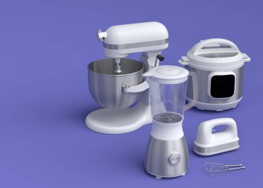 Sağlıklı meyve püresi yapmak için elektrikli blender, menekşe arka planında el mikseri ve çoklu fırın... yemek pişirmek için 3 boyutlu mutfak aleti