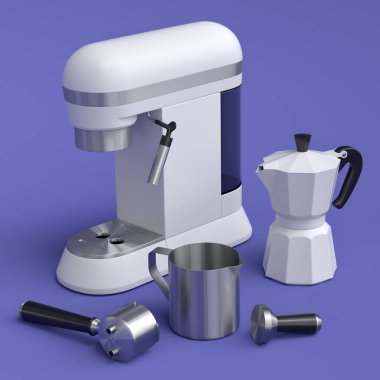 Espresso coffee machine with horn and geyser coffee maker for preparing breakfast on violet background. 3d render of coffee pot for making latte coffee