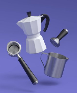 Espresso coffee machine with horn and geyser coffee maker for preparing breakfast on violet background. 3d render of coffee pot for making latte coffee