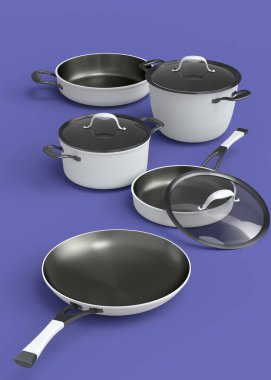 Paslanmaz çelik güveç seti, tava ve krom kaplama alüminyum tencereler menekşe arka planında. Yapışmayan mutfak gereçlerinin 3D görüntüsü