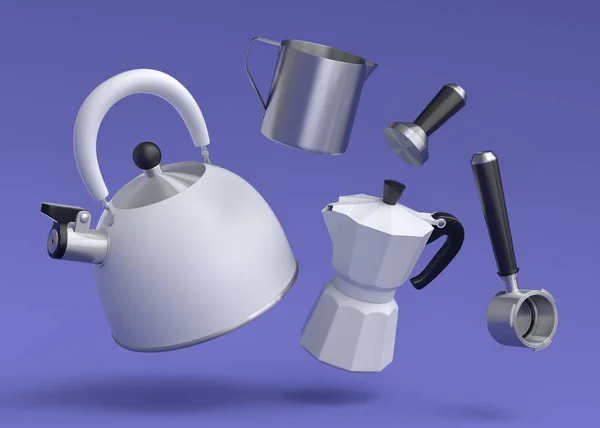 壶和间歇式咖啡机的浓缩咖啡机 用于在紫色背景下准备早餐 煮拿铁咖啡用咖啡壶3D渲染 — 图库照片