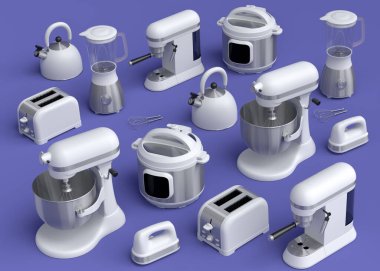Electric kitchen appliances and utensils for making breakfast on violet background. 3d render of kitchenware for cooking, baking, blending and whipping