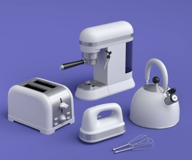 Espresso kahve makinesi, el mikseri, çaydanlık ve tost makinesi mor arka planda kahvaltı hazırlamak için. Kahve yapmak için 3D kahve demliği.