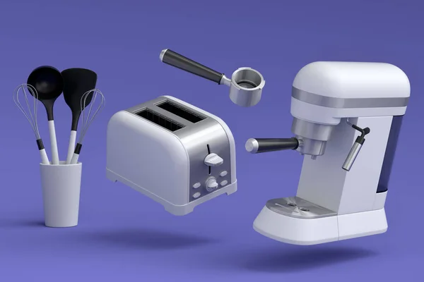 Espressomaschine Mit Horn Und Toaster Zur Zubereitung Des Frühstücks Auf — Stockfoto