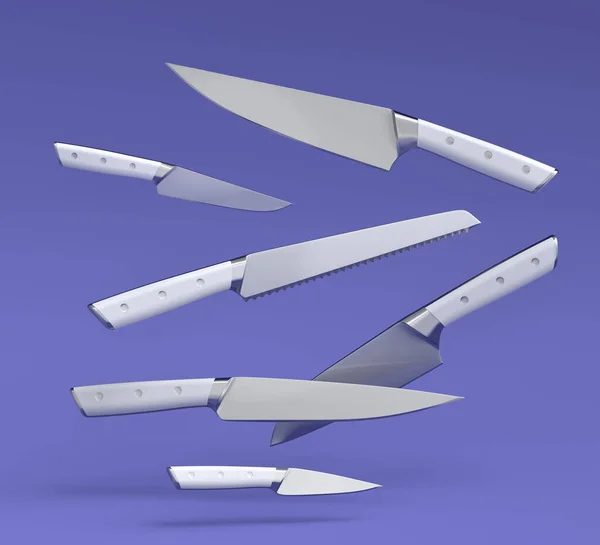 Set of fluing chefs kitchen knives with a wooden handle on violet background. 3d render of butcher knives or professional kitchen utensils